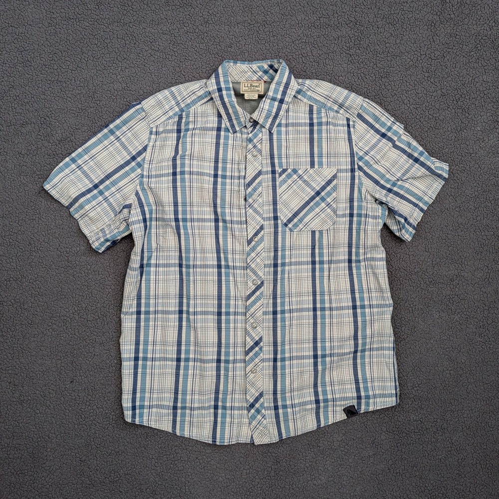 LL Bean Mens Blue Plaid Short Sleeve Snap Front Hiking Shirt 301583 Medium